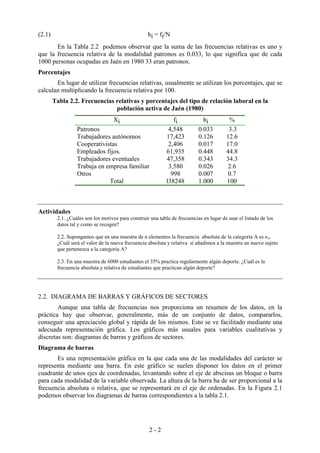 2 - 2
(2.1) hi = fi/N
En la Tabla 2.2 podemos observar que la suma de las frecuencias relativas es uno y
que la frecuencia relativa de la modalidad patronos es 0.033, lo que significa que de cada
1000 personas ocupadas en Jaén en 1980 33 eran patronos.
Porcentajes
En lugar de utilizar frecuencias relativas, usualmente se utilizan los porcentajes, que se
calculan multiplicando la frecuencia relativa por 100.
Tabla 2.2. Frecuencias relativas y porcentajes del tipo de relación laboral en la
población activa de Jaén (1980)
Xi fi hi %
Patronos 4,548 0.033 3.3
Trabajadores autónomos 17,423 0.126 12.6
Cooperativistas 2,406 0.017 17.0
Empleados fijos. 61,935 0.448 44.8
Trabajadores eventuales 47,358 0.343 34.3
Trabaja en empresa familiar 3,580 0.026 2.6
Otros 998 0.007 0.7
Total l38248 1.000 100
Actividades
2.1. ¿Cuáles son los motivos para construir una tabla de frecuencias en lugar de usar el listado de los
datos tal y como se recogen?
2.2. Supongamos que en una muestra de n elementos la frecuencia absoluta de la categoría A es nA.
¿Cuál será el valor de la nueva frecuencia absoluta y relativa si añadimos a la muestra un nuevo sujeto
que pertenezca a la categoría A?
2.3. En una muestra de 6000 estudiantes el 35% practica regularmente algún deporte. ¿Cuál es la
frecuencia absoluta y relativa de estudiantes que practican algún deporte?
2.2. DIAGRAMA DE BARRAS Y GRÁFICOS DE SECTORES
Aunque una tabla de frecuencias nos proporciona un resumen de los datos, en la
práctica hay que observar, generalmente, más de un conjunto de datos, compararlos,
conseguir una apreciación global y rápida de los mismos. Esto se ve facilitado mediante una
adecuada representación gráfica. Los gráficos más usuales para variables cualitativas y
discretas son: diagramas de barras y gráficos de sectores.
Diagrama de barras
Es una representación gráfica en la que cada una de las modalidades del carácter se
representa mediante una barra. En este gráfico se suelen disponer los datos en el primer
cuadrante de unos ejes de coordenadas, levantando sobre el eje de abscisas un bloque o barra
para cada modalidad de la variable observada. La altura de la barra ha de ser proporcional a la
frecuencia absoluta o relativa, que se representará en el eje de ordenadas. En la Figura 2.1
podemos observar los diagramas de barras correspondientes a la tabla 2.1.
 
