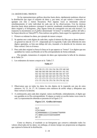2 - 10
2.6. GRÁFICO DEL TRONCO
En las representaciones gráficas descritas hasta ahora, rápidamente podemos observar
la distribución que sigue el conjunto de datos y, por tanto, en qué valores o intervalos se
agrupan con más o menos frecuencia. Pero algunas veces es interesante conocer
simultáneamente el valor individual de cada uno de las observaciones. Con las técnicas
descritas hasta ahora podemos conseguir lo anterior estudiando simultáneamente la tabla de
datos original y el histograma. ¿Hay alguna forma de conseguirlo con una sola técnica?. La
respuesta la encontramos en el gráfico denominado "el tronco" (o también, gráfico del tallo y
las hojas) descrito en Tukey(l977). Para realizar este gráfico, basta seguir los siguientes pasos:
1. Primero se ordenan los datos, por ejemplo de menor a mayor.
2. Se apartan uno o más dígitos de cada dato, según el número de filas que se desea obtener -
en general no más de 12 ó 15 - empezando por la izquierda. Cada valor diferente de estos
dígitos apartados, se lista uno debajo del otro, trazando a la derecha de los mismos una
línea vertical. Este es el tronco.
3. Para cada dato original se busca la línea en la que aparece su "tronco". Los dígitos que nos
quedaban los vamos escribiendo en la fila correspondiente de forma ordenada.
Por ejemplo, tomaremos el conjunto de datos que representan la talla de los alumnos
de la Tabla 2.4
1. Los ordenamos de menor a mayor en la Tabla 2.7:
Tabla 2.7
---------------------------------------------------
149 150 151 153 154 156 156 159 160 160
160 160 160 160 160 160 160 161 161 161
162 162 162 164 164 164 166 166 167 167
168 168 169 169 169 169 170 170 170 170
171 172 172 172 172 173 173 173 174 174
175 175 176 176 178 178 179 179 182 183
---------------------------------------------------
2. Observamos que en todos los datos los dos dígitos de la izquierda son uno de estos
números: 14, 15, 16, 17, 18. Listamos estos números de arriba -abajo y dibujamos una
línea vertical a la derecha.
3. A continuación, para cada dato original, vamos escribiendo, ordenadamente, el dígito que
nos quedaba en su fila correspondiente. Si alguno se repite se escribe tantas veces como lo
esté. La representación obtenida se presenta en la Figura 2.11
Figura 2.11. Gráfico del tronco
--------------------------------------
14 9
15 0134669
16 0000000001112224446677889999
17 0000122223334455668899
18 23
--------------------------------------
Como se observa, el resultado es un histograma que conserva ordenados todos los
valores observados de los datos; sin embargo, al mismo tiempo nos proporciona un diagrama
que expresa la forma de la distribución.
 