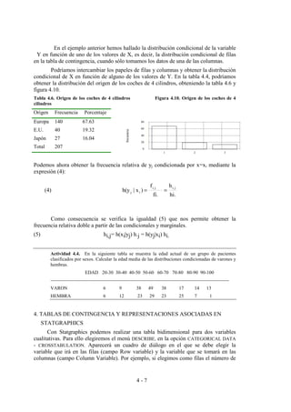 4 - 7
En el ejemplo anterior hemos hallado la distribución condicional de la variable
Y en función de uno de los valores de X, es decir, la distribución condicional de filas
en la tabla de contingencia, cuando sólo tomamos los datos de una de las columnas.
Podríamos intercambiar los papeles de filas y columnas y obtener la distribución
condicional de X en función de alguno de los valores de Y. En la tabla 4.4, podríamos
obtener la distribución del origen de los coches de 4 cilindros, obteniendo la tabla 4.6 y
figura 4.10.
Tabla 4.6. Origen de los coches de 4 cilindros Figura 4.10. Origen de los coches de 4
cilindros
Origen Frecuencia Porcentaje
Europa 140 67.63
E.U. 40 19.32
Japón 27 16.04
Total 207
Podemos ahora obtener la frecuencia relativa de yj condicionada por x=xi mediante la
expresión (4):
Como consecuencia se verifica la igualdad (5) que nos permite obtener la
frecuencia relativa doble a partir de las condicionales y marginales.
(5) hi,j= h(xi|yj) h.j = h(yj|xi) hi.
Actividad 4.4. En la siguiente tabla se muestra la edad actual de un grupo de pacientes
clasificados por sexos. Calcular la edad media de las distribuciones condicionadas de varones y
hembras.
EDAD 20-30 30-40 40-50 50-60 60-70 70-80 80-90 90-100
--------------------------------------------------------------------------------------------------------------------
VARON 6 9 38 49 38 17 14 13
HEMBRA 6 12 23 29 23 25 7 1
4. TABLAS DE CONTINGENCIA Y REPRESENTACIONES ASOCIADAS EN
STATGRAPHICS
Con Statgraphics podemos realizar una tabla bidimensional para dos variables
cualitativas. Para ello elegiremos el menú DESCRIBE, en la opción CATEGORICAL DATA
- CROSSTABULATION. Aparecerá un cuadro de diálogo en el que se debe elegir la
variable que irá en las filas (campo Row variable) y la variable que se tomará en las
columnas (campo Column Variable). Por ejemplo, si elegimos como filas el número de
frecuencia
0
20
40
60
80
1 2 3
hi.
h
fi.
f
)x|h(y(4)
ji,ji,
ij ==
 
