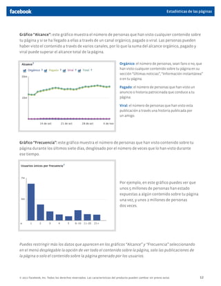 Estadísticas de las páginas




Gráfico “Alcance”: este gráfico muestra el número de personas que han visto cualquier contenido sobre
tu página y si se ha llegado a ellas a través de un canal orgánico, pagado o viral. Las personas pueden
haber visto el contenido a través de varios canales, por lo que la suma del alcance orgánico, pagado y
viral puede superar el alcance total de la página.

                                                                              Orgánico: el número de personas, sean fans o no, que
                                                                              han visto cualquier contenido sobre tu página en su
                                                                              sección “Últimas noticias”, “Información instantánea”
                                                                              o en tu página.

                                                                              Pagado: el número de personas que han visto un
                                                                              anuncio o historia patrocinada que conduce a tu
                                                                              página.

                                                                              Viral: el número de personas que han visto esta
                                                                              publicación a través una historia publicada por
                                                                              un amigo.




Gráfico “Frecuencia”: este gráfico muestra el número de personas que han visto contenido sobre tu
página durante los últimos siete días, desglosado por el número de veces que lo han visto durante
ese tiempo.




                                                                              Por ejemplo, en este gráfico puedes ver que
                                                                              unos 5 millones de personas han estado
                                                                              expuestas a algún contenido sobre tu página
                                                                              una vez, y unos 2 millones de personas
                                                                              dos veces.




Puedes restringir más los datos que aparecen en los gráficos “Alcance” y “Frecuencia” seleccionando
en el menú desplegable la opción de ver todo el contenido sobre la página, solo las publicaciones de
la página o solo el contenido sobre la página generado por los usuarios.




© 2011 Facebook, Inc. Todos los derechos reservados. Las características del producto pueden cambiar sin previo aviso.                12
 