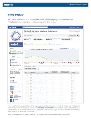 Estadísticas de las páginas




Cómo empezar
Para ver las estadísticas de tu página de Facebook, visita tu página y haz clic en la pestaña
“Estadísticas” que encontrarás en el lateral izquierdo de la misma.*




* La nueva función de estadísticas de las páginas se lanzará inicialmente en modo de vista previa. Para acceder
a ella durante el período de vista previa, visita facebook.com/insights y haz clic en tu página, o bien haz clic en
“Ver estadísticas” en el lateral derecho de tu página y, a continuación, sigue las instrucciones que figuran en la
parte superior de la página “Estadísticas”.

© 2011 Facebook, Inc. Todos los derechos reservados. Las características del producto pueden cambiar sin previo aviso.                 2
 