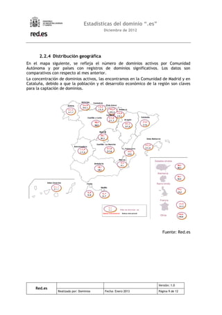 Estadísticas del dominio “.es”
                                          Diciembre de 2012




      2.2.4 Distribución geográfica
En el mapa siguiente, se refleja el número de dominios activos por Comunidad
Autónoma y por países con registros de dominios significativos. Los datos son
comparativos con respecto al mes anterior.
La concentración de dominios activos, las encontramos en la Comunidad de Madrid y en
Cataluña, debido a que la población y el desarrollo económico de la región son claves
para la captación de dominios.




                                                                      Fuente: Red.es




                                                                    Versión: 1.0
    Red.es
                Realizado por: Dominios   Fecha: Enero 2013         Página 9 de 12
 