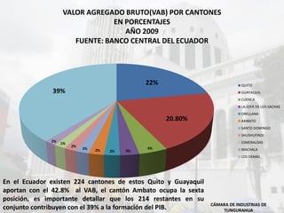VALOR AGREGADO BRUTO(VAB) POR CANTONES
EN PORCENTAJES
AÑO 2009
FUENTE: BANCO CENTRAL DEL ECUADOR
CÁMARA DE INDUSTRIAS DE
TUNGURAHUA
22%
20.80%
4%
3%2%2%2%
2%
1%
2%
39%
QUITO
GUAYAQUIL
CUENCA
LA JOYA DE LOS SACHAS
ORELLANA
AMBATO
SANTO DOMINGO
SHUSHUFINDI
ESMERALDAS
MACHALA
LOS DEMÁS
En el Ecuador existen 224 cantones de estos Quito y Guayaquil
aportan con el 42.8% al VAB, el cantón Ambato ocupa la sexta
posición, es importante detallar que los 214 restantes en su
conjunto contribuyen con el 39% a la formación del PIB.
 
