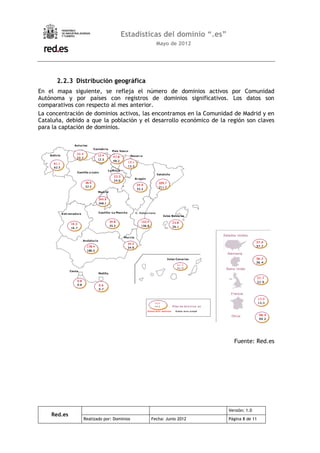 Estadísticas del dominio “.es”
                                            Mayo de 2012




      2.2.3 Distribución geográfica
En el mapa siguiente, se refleja el número de dominios activos por Comunidad
Autónoma y por países con registros de dominios significativos. Los datos son
comparativos con respecto al mes anterior.
La concentración de dominios activos, las encontramos en la Comunidad de Madrid y en
Cataluña, debido a que la población y el desarrollo económico de la región son claves
para la captación de dominios.




                                                                      Fuente: Red.es




                                                                    Versión: 1.0
    Red.es
                Realizado por: Dominios   Fecha: Junio 2012         Página 8 de 11
 