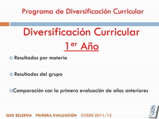 Programa de Diversificación Curricular

       Diversificación Curricular
                 1er Año
   Resultados por materia

   Resultados del grupo

Comparación    con la primera evaluación de años anteriores
 