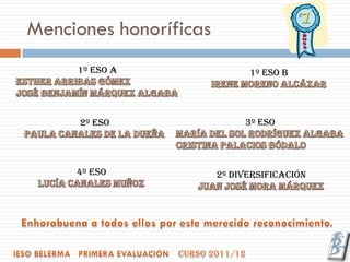 Menciones honoríficas
     1º ESO A                 1º ESO B




      2º ESO                 3º ESO




     4º ESO             2º DIVERSIFICACIÓN
 