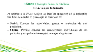 De acuerdo a la UAEH (2008) las áreas de aplicación de la estadística
para fines de estudio en psicología se clasifican en:
● Social: Conocer las necesidades, gustos o tendencias de una
población.
● Clínica: Permite conocer las características individuales de los
pacientes y sus padecimientos para un mejor diagnóstico.
UNIDAD I. Conceptos Básicos de Estadística
1.1.1.2. Campos de Aplicación
 