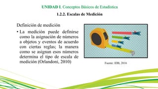 Definición de medición
• La medición puede definirse
como la asignación de números
a objetos y eventos de acuerdo
con ciertas reglas; la manera
como se asignan esos números
determina el tipo de escala de
medición (Orlandoni, 2010) Fuente: IDB, 2016
UNIDAD I. Conceptos Básicos de Estadística
1.2.2. Escalas de Medición
 