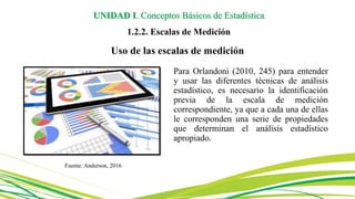 Uso de las escalas de medición
Para Orlandoni (2010, 245) para entender
y usar las diferentes técnicas de análisis
estadístico, es necesario la identificación
previa de la escala de medición
correspondiente, ya que a cada una de ellas
le corresponden una serie de propiedades
que determinan el análisis estadístico
apropiado.
Fuente: Anderson, 2016
UNIDAD I. Conceptos Básicos de Estadística
1.2.2. Escalas de Medición
 