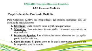 Propiedades de las Escalas de Medición
Para Orlandoni (2010), las propiedades del sistema numérico con las
escalas de medición son:
1. Identidad: Cada número tiene significado particular.
2. Magnitud: Los números tienen orden inherente ascendente o
descendente.
3. Intervalos Iguales: Las diferencias entre números en cualquier
punto son las mismas.
4. Cero absoluto: El punto cero en la escala representa ausencia de
la propiedad que se estudia
UNIDAD I. Conceptos Básicos de Estadística
1.2.2. Escalas de Medición
 