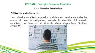 Métodos estadísticos
Los métodos estadísticos pueden y deben ser usados en todas las
etapas de una investigación, además la elección del método
estadístico se basa en el tipo de datos disponibles Orellana
(2001,22).
Fuente. Phonoghan, 2019
UNIDAD I. Conceptos Básicos de Estadística
1.2.3. Métodos Estadísticos
 