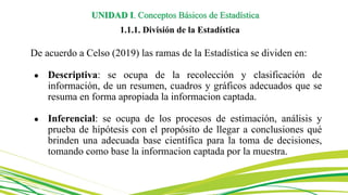 De acuerdo a Celso (2019) las ramas de la Estadística se dividen en:
● Descriptiva: se ocupa de la recolección y clasificación de
información, de un resumen, cuadros y gráficos adecuados que se
resuma en forma apropiada la informacion captada.
● Inferencial: se ocupa de los procesos de estimación, análisis y
prueba de hipótesis con el propósito de llegar a conclusiones qué
brinden una adecuada base científica para la toma de decisiones,
tomando como base la informacion captada por la muestra.
UNIDAD I. Conceptos Básicos de Estadística
1.1.1. División de la Estadística
 