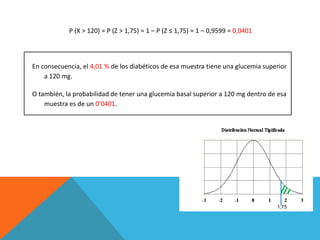 P (X > 120) = P (Z > 1,75) = 1 – P (Z ≤ 1,75) = 1 – 0,9599 = 0,0401
En consecuencia, el 4,01 % de los diabéticos de esa muestra tiene una glucemia superior
a 120 mg.
O también, la probabilidad de tener una glucemia basal superior a 120 mg dentro de esa
muestra es de un 0’0401.
1,75
 