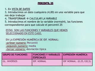En VISTA DE DATOS
Introducimos un dato cualquiera (4,00) en una variable para que
nos deje trabajar
TRANSFORMAR  CALCULAR LA VARIABLE
Introducimos el nombre de la variable (normal4), las funciones
correspondiente para que calcule el percentil 25
ESTAS SON LAS FUNCIONES Y VARIABLES QUE HEMOS
SELECCIONADO EN ESTE CASO.
EN LA EXPRESIÓN NUMÉRICA DE IDF. NORMAL:
Percentil
media
desviación típica
GRUPO DE FUNCIONES FUNCIONES Y VARIABLES
ESPECIALES
EXPRESIÓN NUMÉRICA
GL. INVERSOS IDF. NORMAL IDF NORMAL. (0.25,120,5)
 