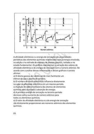 A afinidade eletrônica e a energia de ionização são propriedades
periódicas dos elementos químicos relacionadas com a energia envolvida,
na adição e na retirada de elétrons de átomos gasosos, isolados e no
estado fundamental. Os gráficos representam a variação dos valores de
afinidade eletrônica e de energia de ionização com o número atômico. De
acordo com a análise dessas informações e desses gráficos é correto
afirmar:
a) O átomo gasoso de rubídio perde mais facilmente um
elétron do que o átomo de xenônio.
b) O número de níveis eletrônicos influencia diretamente
no valor da afinidade eletrônica em um mesmo período.
c) A adição de elétron à maioria dos átomos de elementos
químicos está associada à absorção de energia.
d) A primeira energia de ionização no terceiro período
decresce com o aumento do número atômico para
todos os elementos químicos.
e) O valor da afinidade eletrônica e o da energia de ionização
são diretamente proporcionais aos números atômicos dos elementos
químicos.
03.

 