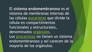 El sistema endomembranoso es el
sistema de membranas internas de
las células eucariotas que divide la
célula en compartimientos
funcionales y estructurales,
denominados orgánulos.
Los procariotas no tienen un sistema
endomembranoso y así carecen de la
mayoría de los orgánulos.
 