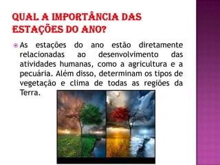  As estações do ano estão diretamente
relacionadas ao desenvolvimento das
atividades humanas, como a agricultura e a
pecuária. Além disso, determinam os tipos de
vegetação e clima de todas as regiões da
Terra.
 