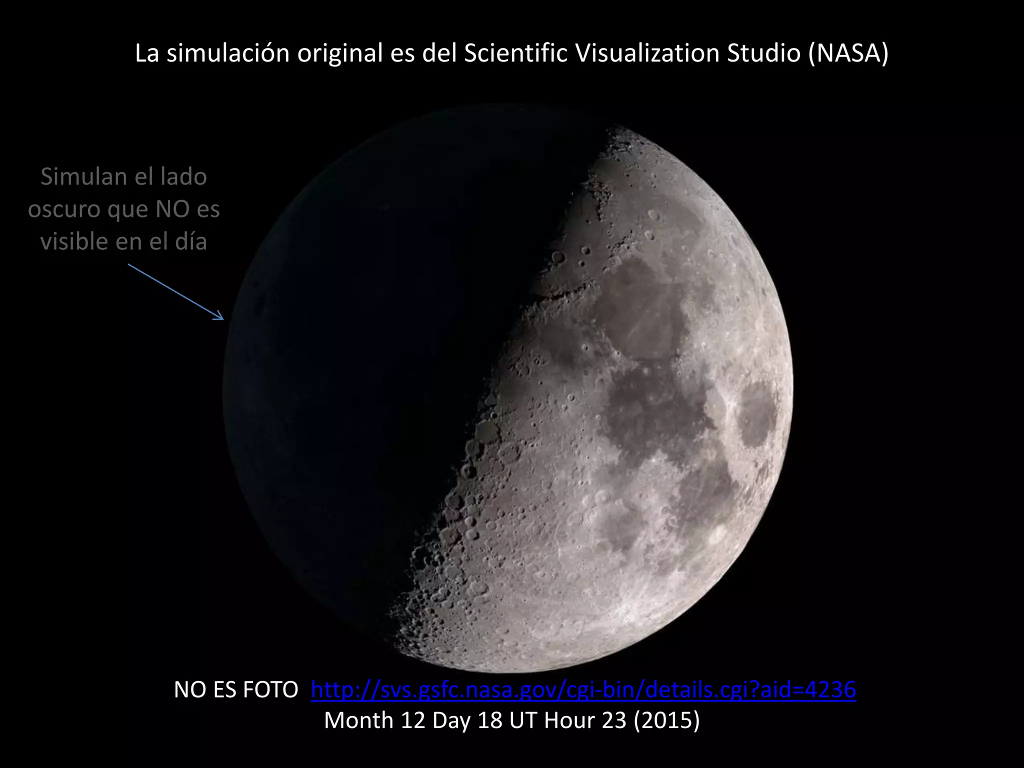 La simulación original es del Scientific Visualization Studio (NASA)
NO ES FOTO http://svs.gsfc.nasa.gov/cgi-bin/details.cgi?aid=4236
Month 12 Day 18 UT Hour 23 (2015)
Simulan el lado
oscuro que NO es
visible en el día
 