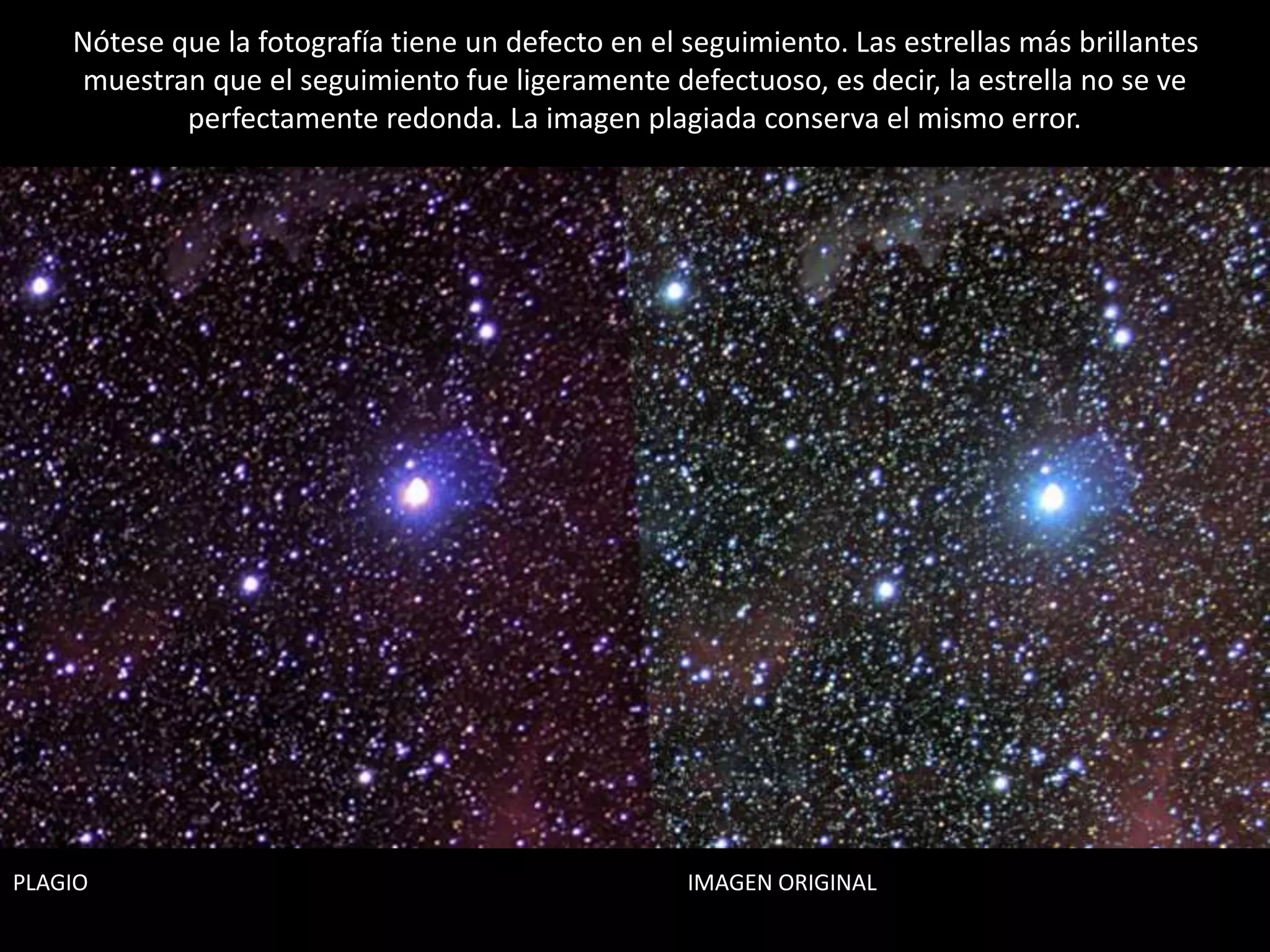 07.- Orion “vestido de Navidad”
IMAGEN ORIGINALPLAGIO
Nótese que la fotografía tiene un defecto en el seguimiento. Las estrellas más brillantes
muestran que el seguimiento fue ligeramente defectuoso, es decir, la estrella no se ve
perfectamente redonda. La imagen plagiada conserva el mismo error.
 
