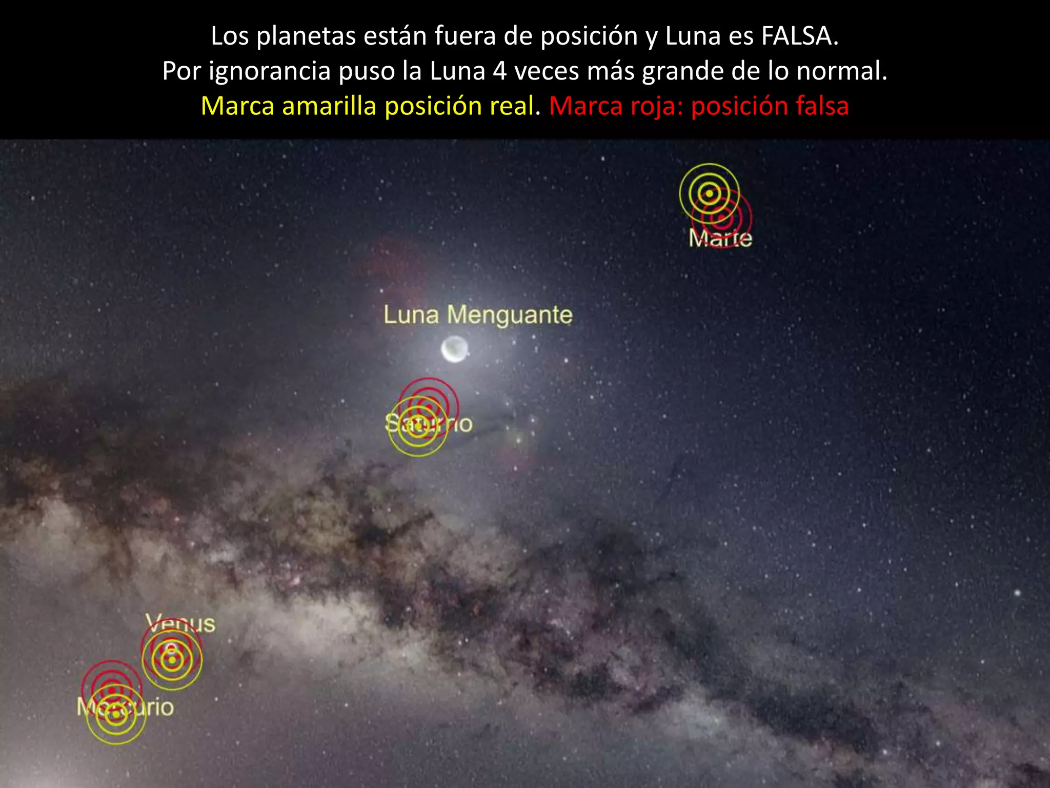 08.- Montaje: “Alineación” de planetas
Los planetas están fuera de posición y Luna es FALSA.
Por ignorancia puso la Luna 4 veces más grande de lo normal.
Marca amarilla posición real. Marca roja: posición falsa
 
