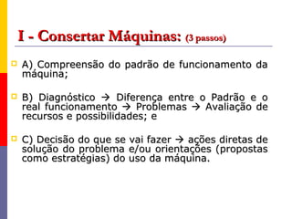 I - Consertar Máquinas: (3 passos)
   A) Compreensão do padrão de funcionamento da
    máquina;

   B) Diagnóstico  Diferença entre o Padrão e o
    real funcionamento  Problemas  Avaliação de
    recursos e possibilidades; e

   C) Decisão do que se vai fazer  ações diretas de
    solução do problema e/ou orientações (propostas
    como estratégias) do uso da máquina.
 