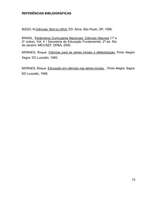 REFERÊNCIAS BIBLIOGRÁFICAS




BIZZO, N.Ciências: fácil ou difícil. ED. Ática, São Paulo, SP, 1998.

BRASIL. Parâmetros Curriculares Nacionais: Ciências Naturais (1º e
2º ciclos). Vol. 4 / Secretaria de Educação Fundamental. 2ª ed. Rio
de Janeiro: MEC/SEF, DP&A, 2000.

MORAES, Roque. Ciências para as séries iniciais e alfabetização. Porto Alegre:
Sagra: DC Luzzatto, 1995.


MORAES, Roque. Educação em ciências nas séries iniciais. . Porto Alegre: Sagra:
DC Luzzatto, 1998.




                                                                            12
 