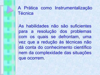 A Prática como Instrumentalização
Técnica
As habilidades não são suficientes
para a resolução dos problemas
com os quais se defrontam, uma
vez que a redução às técnicas não
dá conta do conhecimento científico
nem da complexidade das situações
que ocorrem.
 