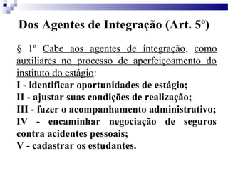 Dos Agentes de Integração (Art. 5º)
§ 1º Cabe aos agentes de integração, como
auxiliares no processo de aperfeiçoamento do
instituto do estágio:
I - identificar oportunidades de estágio;
II - ajustar suas condições de realização;
III - fazer o acompanhamento administrativo;
IV - encaminhar negociação de seguros
contra acidentes pessoais;
V - cadastrar os estudantes.
 