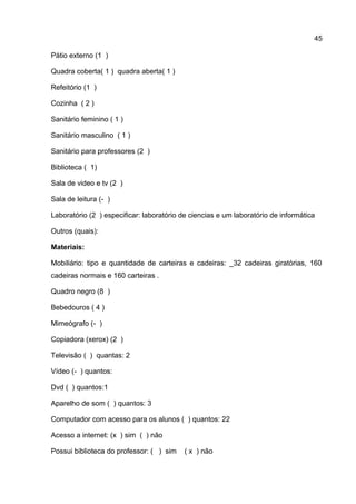 Pátio externo (1 )
Quadra coberta( 1 ) quadra aberta( 1 )
Refeitório (1 )
Cozinha ( 2 )
Sanitário feminino ( 1 )
Sanitário masculino ( 1 )
Sanitário para professores (2 )
Biblioteca ( 1)
Sala de video e tv (2 )
Sala de leitura (- )
Laboratório (2 ) especificar: laboratório de ciencias e um laboratório de informática
Outros (quais):
Materiais:
Mobiliário: tipo e quantidade de carteiras e cadeiras: _32 cadeiras giratórias, 160
cadeiras normais e 160 carteiras .
Quadro negro (8 )
Bebedouros ( 4 )
Mimeógrafo (- )
Copiadora (xerox) (2 )
Televisão ( ) quantas: 2
Vídeo (- ) quantos:
Dvd ( ) quantos:1
Aparelho de som ( ) quantos: 3
Computador com acesso para os alunos ( ) quantos: 22
Acesso a internet: (x ) sim ( ) não
Possui biblioteca do professor: ( ) sim ( x ) não
45
 