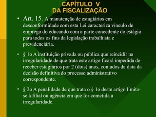 CAPÍTULO V
DA FISCALIZAÇÃO
• Art. 15. A manutenção de estagiários em
desconformidade com esta Lei caracteriza vínculo de
emprego do educando com a parte concedente do estágio
para todos os fins da legislação trabalhista e
previdenciária.
•
• § 1o A instituição privada ou pública que reincidir na
irregularidade de que trata este artigo ficará impedida de
receber estagiários por 2 (dois) anos, contados da data da
decisão definitiva do processo administrativo
correspondente.
§ 2o A penalidade de que trata o § 1o deste artigo limita-
se à filial ou agência em que for cometida a
irregularidade.
 