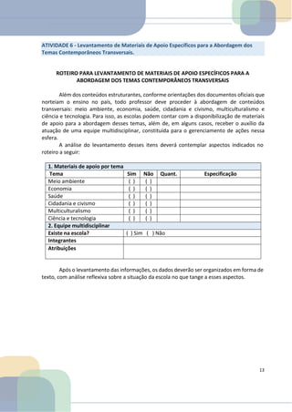 ROTEIRO PARA LEVANTAMENTO DE MATERIAIS DE APOIO ESPECÍFICOS PARA A
ABORDAGEM DOS TEMAS CONTEMPORÂNEOS TRANSVERSAIS
Além dos conteúdos estruturantes, conforme orientações dos documentos oficiais que
norteiam o ensino no país, todo professor deve proceder à abordagem de conteúdos
transversais: meio ambiente, economia, saúde, cidadania e civismo, multiculturalismo e
ciência e tecnologia. Para isso, as escolas podem contar com a disponibilização de materiais
de apoio para a abordagem desses temas, além de, em alguns casos, receber o auxílio da
atuação de uma equipe multidisciplinar, constituída para o gerenciamento de ações nessa
esfera.
A análise do levantamento desses itens deverá contemplar aspectos indicados no
roteiro a seguir:
1. Materiais de apoio por tema
Tema Sim Não Quant. Especificação
Meio ambiente ( ) ( )
Economia ( ) ( )
Saúde ( ) ( )
Cidadania e civismo ( ) ( )
Multiculturalismo ( ) ( )
Ciência e tecnologia ( ) ( )
2. Equipe multidisciplinar
Existe na escola? ( ) Sim ( ) Não
Integrantes
Atribuições
Após o levantamento das informações, os dados deverão ser organizados em forma de
texto, com análise reflexiva sobre a situação da escola no que tange a esses aspectos.
13
ATIVIDADE 6 - Levantamento de Materiais de Apoio Específicos para a Abordagem dos
Temas Contemporâneos Transversais.
 