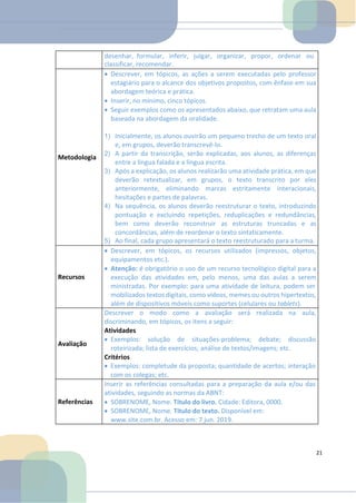 desenhar, formular, inferir, julgar, organizar, propor, ordenar ou
classificar, recomendar.
Metodologia
• Descrever, em tópicos, as ações a serem executadas pelo professor
estagiário para o alcance dos objetivos propostos, com ênfase em sua
abordagem teórica e prática.
• Inserir, no mínimo, cinco tópicos.
• Seguir exemplos como os apresentados abaixo, que retratam uma aula
baseada na abordagem da oralidade.
1) Inicialmente, os alunos ouvirão um pequeno trecho de um texto oral
e, em grupos, deverão transcrevê-lo.
2) A partir da transcrição, serão explicadas, aos alunos, as diferenças
entre a língua falada e a língua escrita.
3) Após a explicação, os alunos realizarão uma atividade prática, em que
deverão retextualizar, em grupos, o texto transcrito por eles
anteriormente, eliminando marcas estritamente interacionais,
hesitações e partes de palavras.
4) Na sequência, os alunos deverão reestruturar o texto, introduzindo
pontuação e excluindo repetições, reduplicações e redundâncias,
bem como deverão reconstruir as estruturas truncadas e as
concordâncias, além de reordenar o texto sintaticamente.
5) Ao final, cada grupo apresentará o texto reestruturado para a turma.
Recursos
• Descrever, em tópicos, os recursos utilizados (impressos, objetos,
equipamentos etc.).
• Atenção: é obrigatório o uso de um recurso tecnológico digital para a
execução das atividades em, pelo menos, uma das aulas a serem
ministradas. Por exemplo: para uma atividade de leitura, podem ser
mobilizados textos digitais, como vídeos, memes ou outros hipertextos,
além de dispositivos móveis como suportes (celulares ou tablets).
Avaliação
Descrever o modo como a avaliação será realizada na aula,
discriminando, em tópicos, os itens a seguir:
Atividades
• Exemplos: solução de situações-problema; debate; discussão
roteirizada; lista de exercícios; análise de textos/imagens; etc.
Critérios
• Exemplos: completude da proposta; quantidade de acertos; interação
com os colegas; etc.
Referências
Inserir as referências consultadas para a preparação da aula e/ou das
atividades, seguindo as normas da ABNT:
• SOBRENOME, Nome. Título do livro. Cidade: Editora, 0000.
• SOBRENOME, Nome. Título do texto. Disponível em:
www.site.com.br. Acesso em: 7 jun. 2019.
21
 