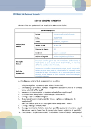 ATIVIDADE 14 - Relato de Regência
MODELO DE RELATO DE REGÊNCIA
O relato deve ser apresentado de acordo com a estrutura abaixo:
Relato de Regência
Identificação
da aula
Escola Nome completo da instituição
Datas 00/00/0000
Turno Matutino, vespertino
Série e turma Xº ano – A
Número de alunos 00
Conteúdo Inserir o conteúdo
Professor regente Nome completo do professor
Descrição
da aula
Descreva aspectos gerais da aula ministrada, evidenciando o
modo como as suas ações foram desenvolvidas, os recursos
utilizados, a postura dos alunos etc.
Reflexão
sobre a aula
Redija uma reflexão crítica subjetiva sobre a aula ministrada,
evidenciando se a sua atuação metodológica foi adequada; se os
materiais/recursos funcionaram; se as atividades mostraram-se
efetivas; o que poderia ter sido diferente; conforme questões
norteadoras abaixo.
A reflexão pode ser orientada pelas seguintes questões:
1. Atingi os objetivos a que me propus no início das aulas?
2. A metodologia prevista no plano de aula permitiu o desenvolvimento do tema de
forma satisfatória? Por quê?
3. Meus conhecimentos sobre o conteúdo aplicado foram suficientes?
4. Utilizei recursos adequados e suficientes para minha aula?
5. Consegui fazer uso de tecnologias?
6. Os alunos conseguiram compreender minhas explicações (adequação de
vocabulário)?
7. Meu tom de voz, pronúncia e linguagem foram adequados à turma?
8. Consegui interagir com a turma?
9. Consegui controlar a disciplina e resolver questões que surgiram durante a aula?
O professor regente (supervisor de campo) interviu com o objetivo de auxiliá-lo?
10. Como se deu a fixação do conteúdo? Os exercícios foram suficientes e adequados?
45
 