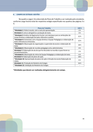 4. CAMPO DE ESTÁGIO: GESTÃO
No quadro a seguir, há a descrição do Plano de Trabalho a ser realizado pelo estudante,
conforme carga horária total do respectivo estágio especificado nos quadros das páginas 3 a
9.
Plano de Trabalho 100 h
*Atividade 1: Visita à escola, com a carta de apresentação. 2 h
Atividade 2: Leitura obrigatória e produção de texto. 4 h
*Atividade 3: Análise do Regimento Escolar com destaque para as atribuições do
Corpo Diretivo e elaboração de texto referente à análise.
12 h
*Atividade 4: Entrevistas com a Equipe diretiva e Equipe Pedagógica e elaboração de
texto referente às entrevistas.
12 h
*Atividade 5: Observação da organização e supervisão da escola e elaboração de
texto
18 h
*Atividade 6: Observação de reunião pedagógica e/ou administrativa. 4 h
Atividade 7: Elaboração de ata do que foi discutido na reunião e quais foram os
encaminhamentos.
2 h
*Atividade 8: Observação da rotina da Equipe Pedagógica e elaboração de texto. 6 h
Atividade 9: Elaboração de plano de ação. 18 h
*Atividade 10: Apresentação do plano de ação à Direção da escola Elaboração de
relato.
6 h
Atividade 11: Produção do Relatório do Estágio. 16 h
*Atividade 12: Validação do Relatório do Estágio. -
*Atividades que devem ser realizadas obrigatoriamente em campo.
49
 