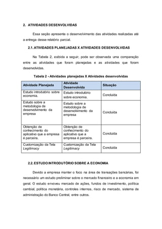 2. ATIVIDADES DESENVOLVIDAS 
Essa seção apresenta o desenvolvimento das atividades realizadas até 
a entrega desse relatório parcial. 
2.1. ATIVIDADES PLANEJADAS X ATIVIDADES DESENVOLVIDAS 
Na Tabela 2, exibida a seguir, pode ser observada uma comparação 
entre as atividades que foram planejadas e as atividades que foram 
desenvolvidas. 
Tabela 2 - Atividades planejadas X Atividades desenvolvidas 
Atividade Planejada 
Atividade 
Desenvolvida 
Situação 
Estudo introdutório sobre 
economia. 
Estudo introdutório 
sobre economia. 
Concluída 
Estudo sobre a 
metodologia de 
desenvolvimento da 
empresa 
Estudo sobre a 
metodologia de 
desenvolvimento da 
empresa 
Concluída 
Obtenção de 
conhecimento do 
aplicativo que a empresa 
é parceira. 
Obtenção de 
conhecimento do 
aplicativo que a 
empresa é parceira. 
Concluída 
Customização da Tela 
Legitimacy 
Customização da Tela 
Legitimacy Concluída 
2.2. ESTUDO INTRODUTÓRIO SOBRE A ECONOMIA 
Devido a empresa manter o foco na área de transações bancárias, foi 
necessário um estudo preliminar sobre o mercado financeiro e a economia em 
geral. O estudo envoveu mercado de ações, fundos de investimento, política 
cambial, política monetária, controles internos, risco de mercado, sistema de 
administração do Banco Central, entre outros. 
 