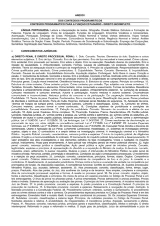 10/14
ANEXO I
DOS CONTEÚDOS PROGRAMÁTICOS
CONTEÚDO PROGRAMÁTICO PARA A FUNÇÃO ESTAGIÁRIO - DIREITO INCOMPLETO
· LÍNGUA PORTUGUESA: Leitura e Interpretação de textos. Ortografia. Divisão Silábica. Estrutura e Formação de
Palavras. Figuras de Linguagem. Vícios de Linguagem. Funções da Linguagem. Encontros Vocálicos e Consonantais.
Acentuação. Pontuação. Emprego de Crase. Pontuação. Flexão Nominal e Verbal. Verbos defectivos. Vozes Verbais
(transformação). Uso e Colocação de Pronomes. Concordância Nominal e Verbal. Regência Nominal e Verbal. Análise
Sintática: Termos da Oração. Frase. Oração. Período: Processo de Coordenação e Subordinação. Emprego das Conjunções.
Semântica: Significação das Palavras, Sinônimos, Antônimos, Homônimos, Parônimos, Polissemia, Denotação e Conotação.
· CONHECIMENTOS JURÍDICOS:
a) DIREITO PENAL E DIREITO PROCESSUAL PENAL: 1. Dolo. Conceito. Teorias. Elementos do dolo. Espécies e outros
elementos subjetivos. 2. Erro de tipo. Conceito. Erro de tipo permissivo. Erro de tipo escusável e inescusável. Crime culposo.
Erro acidental. Erro provocado por terceiro. Erro sobre o objeto. Erro na execução. Resultado diverso do pretendido. Erro e
relação de causalidade. 3. Antijuridicidade. Conceito. Formas. Causas de justificação. Os excessos. Consentimento do
ofendido. Teoria da adequação social e o princípio da insignificância. 4. Princípio da culpabilidade. Responsabilidade objetiva.
Crimes qualificados pelo resultado. Crime preterdoloso. 5. Culpabilidade. Teorias. Conceito. Elementos. 6. Imputabilidade.
Conceito. Causas de exclusão. Imputabilidade diminuída. Imputação objetiva. Embriaguez. Actio libera in causa. Emoção e
paixão. 7. Consciência da ilicitude. Conceitos e teorias. Erro e proibição. Conceito e formas. Distinção entre erro de proibição e
erro de tipo. Erro de proibição vencível e erro de proibição invencível. 8. Exigibilidade de comportamento conforme o direito.
Princípios gerais. Coação moral irresistível. Obediência hierárquica. 9. Estrutura do crime culposo. Princípio da confiança. 10.
Estrutura do crime omissivo. Crime omissivo próprio. Crime comissivo por omissão. Tipo subjetivo nos crimes omissivos. 11.
Tentativa. Conceito. Natureza e elementos. Crime tentado, crime consumado e exaurimento. Formas de tentativa. Desistência
voluntária e arrependimento eficaz. Crime impossível e delito putativo. Arrependimento posterior. 12. Concurso de pessoas.
Concurso necessário e concurso eventual. Autoria e participação. Autoria mediata e autoria colateral. Circunstâncias
comunicáveis e incomunicáveis. Natureza jurídica do concurso e da participação. Da cooperação dolosamente distinta.
Punibilidade. 13. Teoria da pena. Espécies. Fundamentos, fins e conceito da pena. Classificação das penas. Penas privativas
de liberdade e restritivas de direito. Pena de multa. Regimes. Detração penal. Medidas de segurança. 14. Aplicação da pena.
Técnica de fixação da sanção penal. Circunstâncias judiciais. Conceito e classificação. Sursis. 15. Concurso de crimes.
Concurso material, concurso formal e crime continuado. 16. Condições objetivas de punibilidade e condições de
procedibilidade. Escusas absolutórias. 17. Extinção da punibilidade. Conceito. Momento da ocorrência e efeitos da sua
extinção. 18. Ação penal. Espécies. Crime complexo. 19. Prescrição. Espécies. Prazos. Características. 20. Perdão judicial.
Conceito. Natureza jurídica. 21. Crimes contra a pessoa. 22. Crimes contra o patrimônio. 23. Crimes contra os costumes. 24.
Falsidade de títulos e outros papéis públicos, falsidade documental e outras falsidades. 25. Crimes contra a administração
pública. Lei nº 9.983/00. Lei nº 10.028/00. 26. Lei Antidrogas. Lei 11.343/2006. 27. Crimes resultantes de discriminação ou
preconceito de raça, cor, etnia, religião ou procedência nacional. Lei nº 7.716/89. Lei nº 9.459/97. 28. Juizados Especiais
Criminais. Lei nº 9.099/95. Lei nº 10.259/01. 29. Crimes hediondos. Lei nº 8.072/90. 30. Execução Penal. Direitos e Deveres do
Sentenciado. Objeto e Aplicação da Lei Penal. Livramento Condicional. Reabilitação. 31. Sistemas de investigação criminal:
sujeitos, objeto e atos. O contraditório e a ampla defesa na investigação criminal. A investigação criminal e o Ministério
Público.. Inquérito Policial: conceito, características, natureza jurídica e espécies. O início do inquérito policial. As diligências
policiais. O sigilo e a incomunicabilidade do indiciado. O trancamento do inquérito policial. Arquivamento e desarquivamento. O
valor probatório dos atos investigatórios e dos elementos colhidos na fase investigatória. Vícios e nulidades no inquérito
policial. Indiciamento. Prazo para encerramento. A fase policial nas infrações penais de menor potencial ofensivo. 32. Ação
penal: conceito, natureza jurídica e classificações. Ação penal pública e ação penal de iniciativa privada. Conceito,
legitimidade, espécies e princípios. A representação do ofendido e a requisição do Ministro da Justiça. A denúncia: conceito,
requisitos, prazo, aditamento. A queixa: requisitos, titulares e prazo. A intervenção do Ministério Público na ação penal de
iniciativa privada. Renúncia, perdão, perempção e decadência. Condições da ação e pressupostos processuais. O recebimento
e a rejeição da peça acusatória. 33. Jurisdição: conceito, características, princípios, formas, objeto. Órgãos. Competência
penal: conceito. Critérios determinadores e causas modificadoras da competência de foro e do juízo. A conexão e a
continência. O desaforamento. A perpetuatio jurisdictionis. Crimes contra a honra e a exceção da verdade na competência por
prerrogativa de função. As disposições especiais. A competência funcional. Conflito de competência. 34. Sujeitos processuais:
Ministério Público, juiz, acusado, defensor, assistente. 35. Atos processuais: conceito, classificação, forma, tempo, lugar,
prazos. Preclusão. Atos das partes, do Juiz, dos auxiliares da Justiça e de terceiros. Atos simples, complexos e compostos.
Atos de comunicação processual: espécies e formas. A revelia no processo penal. 36. Da prova: conceito, objetivo, objeto,
fontes e elementos. Classificação e princípios. Os meios de prova em espécie previstos no Código de Processo Penal e em
leis extravagantes. O ônus da prova no processo penal. A prova emprestada. Provas admissíveis e provas proibidas. Provas
direta e indireta. Sistemas de apreciação ou avaliação das provas. O princípio do livre convencimento. A iniciativa instrutória do
Juiz de Direito. 37. A prisão provisória: conceito e espécies. A prisão provisória e a Constituição Federal. O princípio da
presunção de inocência. 15. A liberdade provisória: conceito e espécies. Relaxamento e revogação da prisão: distinção. A
liberdade provisória e a Constituição Federal. 38. Procedimento Comum: ordinário, sumário e sumariíssimo. O procedimento
para os crimes dolosos contra a vida e conexos. Os procedimentos especiais previstos no Código de Processo Penal e em leis
extravagantes. Emendatio libelli e mutatio libelli. A suspensão condicional do processo. 39. Os Juizados Especiais Criminais.
40. Nulidades: conceito, classificações e sistema legal. Princípios. As nulidades previstas no Código de Processo Penal.
Nulidades absoluta e relativa. A anulabilidade. As irregularidades. A inexistência jurídica. Argüição, saneamento e efeitos.
Prazos. 41. Recursos: conceito, natureza jurídica, princípios gerais e específicos, classificações, efeitos e extinção. O direito
intertemporal. Reformatio in pejus e reformatio in mellius. O duplo grau de jurisdição. Juízo de admissibilidade e juízo de
 
