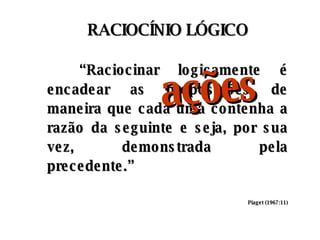 RACIOCÍNIO LÓGICO “ Raciocinar logicamente é encadear as proposições de maneira que cada uma contenha a razão da seguinte e seja, por sua vez, demonstrada pela precedente.” Piaget (1967:11) ações 