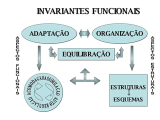 INVARIANTES FUNCIONAIS ADAPTAÇÃO ORGANIZAÇÃO EQUILIBRAÇÃO ASPECTOS FUNCIONAIS ASPECTOS ESTRUTURAIS ASSIMILAÇÃO  AUTO REGULAÇÃO  ACOMODAÇÃO  ESTRUTURAS ESQUEMAS 