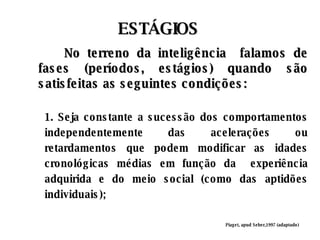 ESTÁGIOS Piaget, apud Seber,1997 (adaptado) 1. Seja constante a sucessão dos comportamentos independentemente das acelerações ou retardamentos que podem modificar as idades cronológicas médias em função da  experiência adquirida e do meio social (como das aptidões individuais); No terreno da inteligência  falamos de fases (períodos, estágios) quando são satisfeitas as seguintes condições: 