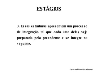 3. Essas estruturas apresentem um processo de integração tal que cada uma delas seja preparada pela precedente e se integre na seguinte. ESTÁGIOS Piaget, apud Seber,1997 (adaptado) 