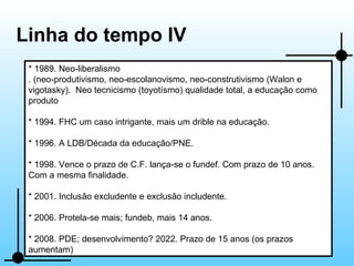Linha do tempo IV * 1989. Neo-liberalismo . (neo-produtivismo, neo-escolanovismo, neo-construtivismo (Walon e vigotasky).  Neo tecnicismo (toyotísmo) qualidade total, a educação como produto * 1994. FHC um caso intrigante, mais um drible na educação. * 1996. A LDB/Década da educação/PNE. * 1998. Vence o prazo de C.F. lança-se o fundef. Com prazo de 10 anos. Com a mesma finalidade. * 2001. Inclusão excludente e exclusão includente. * 2006. Protela-se mais; fundeb, mais 14 anos. * 2008. PDE; desenvolvimento? 2022. Prazo de 15 anos (os prazos aumentam) 
