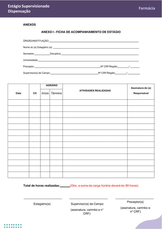 Estágio Supervisionado
Dispensação
Farmácia
ANEXOS
ANEXO I - FICHA DE ACOMPANHAMENTO DE ESTÁGIO
ÓRGÃO/INSTITUIÇÃO:
Nome do (a) Estagiário (a):
Semestre: Disciplina:
Universidade:
Preceptor: Nº CRF/Região /
Supervisor(a) de Campo: Nº CRF/Região /
Data CH
HORÁRIO
ATIVIDADES REALIZADAS
Assinatura do (a)
Responsável
Início Término
Total de horas realizadas: (Obs: a soma da carga horária deverá ter 80 horas)
Estagiário(a) Supervisor(a) de Campo
(assinatura, carimbo e n°
CRF)
Preceptor(a)
(assinatura, carimbo e
nº CRF)
 