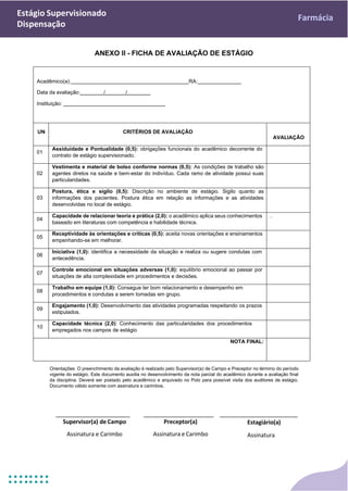 Estágio Supervisionado
Dispensação
Farmácia
ANEXO II - FICHA DE AVALIAÇÃO DE ESTÁGIO
Acadêmico(a): RA:
Data da avaliação: / /
Instituição:
UN CRITÉRIOS DE AVALIAÇÃO
AVALIAÇÃO
01
Assiduidade e Pontualidade (0,5): obrigações funcionais do acadêmico decorrente do
contrato de estágio supervisionado.
02
Vestimenta e material de bolso conforme normas (0,5): As condições de trabalho são
agentes diretos na saúde e bem-estar do indivíduo. Cada ramo de atividade possui suas
particularidades.
03
Postura, ética e sigilo (0,5): Discrição no ambiente de estágio. Sigilo quanto as
informações dos pacientes. Postura ética em relação as informações e as atividades
desenvolvidas no local de estágio.
04
Capacidade de relacionar teoria e prática (2,0): o acadêmico aplica seus conhecimentos
baseado em literaturas com competência e habilidade técnica.
.
05
Receptividade às orientações e críticas (0,5): aceita novas orientações e ensinamentos
empenhando-se em melhorar.
06
Iniciativa (1,0): identifica a necessidade da situação e realiza ou sugere condutas com
antecedência.
07
Controle emocional em situações adversas (1,0): equilíbrio emocional ao passar por
situações de alta complexidade em procedimentos e decisões.
08
Trabalho em equipe (1,0): Consegue ter bom relacionamento e desempenho em
procedimentos e condutas a serem tomadas em grupo.
09
Engajamento (1,0): Desenvolvimento das atividades programadas respeitando os prazos
estipulados.
10
Capacidade técnica (2,0): Conhecimento das particularidades dos procedimentos
empregados nos campos de estágio
NOTA FINAL:
Orientações: O preenchimento da avaliação é realizado pelo Supervisor(a) de Campo e Preceptor no término do período
vigente do estágio. Este documento auxilia no desenvolvimento da nota parcial do acadêmico durante a avaliação final
da disciplina. Deverá ser postado pelo acadêmico e arquivado no Polo para possível visita dos auditores de estágio.
Documento válido somente com assinatura e carimbos.
Supervisor(a) de Campo
Assinatura e Carimbo
Preceptor(a)
Assinatura e Carimbo
Estagiário(a)
Assinatura
 
