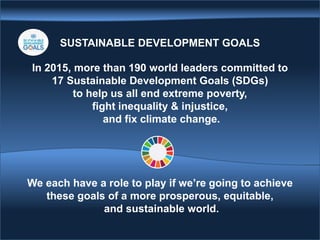 SUSTAINABLE DEVELOPMENT GOALS
In 2015, more than 190 world leaders committed to
17 Sustainable Development Goals (SDGs)
to help us all end extreme poverty,
fight inequality & injustice,
and fix climate change.
We each have a role to play if we’re going to achieve
these goals of a more prosperous, equitable,
and sustainable world.
zzzz
 