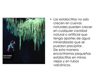 Las estalactitas no solo crecen en cuevas naturales pueden crecer en cualquier cavidad natural o artificial que tenga aportes de agua mineralizada que se puedan precipitar .  De esta manera encontramos pequeñas estalactitas en minas viejas y en tubos volcánicos. 