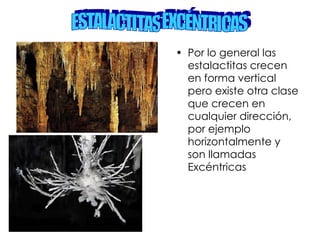Por lo general las estalactitas crecen en forma vertical pero existe otra clase que crecen en cualquier dirección, por ejemplo horizontalmente y son llamadas Excéntricas ESTALACTITAS EXCÉNTRICAS 