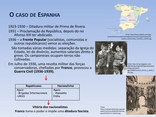 O CASO DE ESPANHA
1923-1930 – Ditadura militar de Primo de Rivera.
1931 – Proclamação da República, depois do rei
Afonso XIII ter abdicado.
1936 – a Frente Popular (socialistas, comunistas e
outros republicanos) vence as eleições.
São tomadas várias medidas: separação da Igreja do
Estado, lei do divórcio, aumentos salariais direto à
greve. Os camponeses ocupam terras não
cultivadas.
Em Julho de 1936, uma revolta militar das forças
conservadoras, chefiadas por Franco, provocou a
Guerra Civil (1936-1939).
Republicanos Nacionalistas
Apoio:
- Brigadas Internacionais
-URSS
Apoio:
- Alemanha
Itália
Vitória dos nacionalistas
Franco toma o poder e impõe uma ditadura fascista.
Fonte: http://www.saberia.com/wp-
content/themes/saberia/images/recursos/europa/espana/03-
espana_autonomias_nombres_colores.jpg
Fonte: http://2.bp.blogspot.com/-
2BkFiYZhdus/TgDHX0TQleI/AAAAAAA
ACQo/nXIYy24O-
qg/s1600/fransisco_franco_y_adolf_h
itler.jpg
Fonte:
https://upload.wikimedia.org/wiki
pedia/commons/8/8f/%C2%A1No_
pasar%C3%A1n!_Madrid.jpg
 