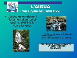 L’AIGUA L’OR LÍQUID DEL SEGLE XXI L’aigua és un element fonamental sense el qual no existiria la vida a la terra.  Hi és en els cossos de tots els éssers humans. Hi és en les plantes i en els animals. LES PERSONES, ANIMALS I PLANTES  LA NECESSITEN PER  SOBREVIURE 