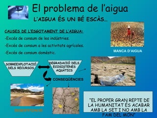 El problema de l’aigua   L’AIGUA ÉS UN BÉ ESCÀS… “ EL PROPER GRAN REPTE DE LA HUMANITAT ÉS ACABAR AMB LA SET I NO AMB LA FAM DEL MÓN” CAUSES DE L’ESGOTAMENT DE L’AIGUA: -Excés de consum de les indústries. Excés de consum a les activitats agrícoles. Excés de consum domèstic. CONSEQÜÈNCIES SOBREEXPLOTACIÓ DELS RECURSOS DEGRADACIÓ DELS ECOSISTENES AQüÀTICS DESERTITZACIÓ MANCA D’AIGUA 