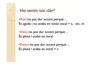 Ho tenim tot clar?
Raül no pot dur accent perquè…
És aguda i no acaba en vocal, vocal + s, -en, -in
    g                       ,          ,    ,

Veïna no pot dur accent perquè
                          perquè…
És plana i acaba en vocal

Països no pot dur accent perquè…
És plana i acaba en vocal + s
 